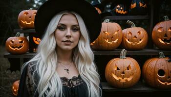 ai generado hermosa joven mujer en negro vestir y sombrero en el antecedentes de Víspera de Todos los Santos calabazas ai generativo foto