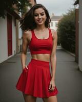 AI generated Beautiful young brunette woman in a red sports top and leggings posing. ai generative photo