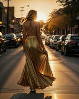 AI generated Beautiful young woman in a long yellow dress walking on the street at sunset. ai generative photo