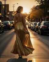 ai generado hermosa joven mujer en un largo amarillo vestir caminando en el calle a puesta de sol. ai generativo foto