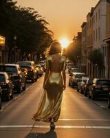 AI generated Beautiful young woman in a long yellow dress walking on the street at sunset. ai generative photo
