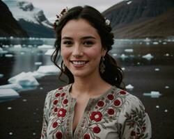 AI generated Portrait of a young woman smiling at camera in front of icebergs. ai generative photo