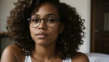 AI generated Portrait of a beautiful young african american woman in eyeglasses outdoors. ai generative photo