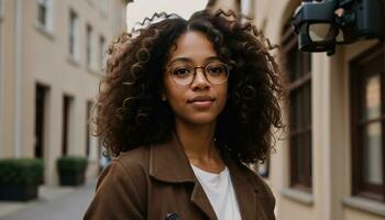 AI generated Portrait of a beautiful young african american woman in eyeglasses outdoors. ai generative photo