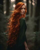 AI generated Beautiful redhead girl with long curly hair in a dark forest. ai generative photo