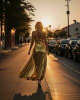 AI generated Beautiful young woman in a long yellow dress walking on the street at sunset. ai generative photo