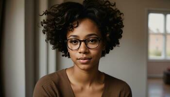 AI generated Portrait of a beautiful young african american woman in eyeglasses outdoors. ai generative photo