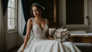 ai generado hermosa novia en blanco Boda vestir posando ai generativo foto