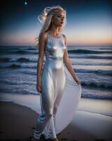 AI generated Beautiful blonde woman in white dress on the beach at night. ai generative photo