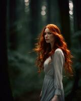 AI generated Beautiful redhead girl with long curly hair in a dark forest. ai generative photo