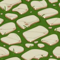 Seamless texture grass with stones in isometric. Vector background