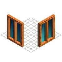 Isometric two windows. Vector wooden window for game assets.