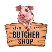 Pig - Fresh meat sign board - Isolated pig head on top of butchery or food store wooden board signage vector