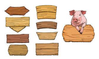Store sign boards and Isolated pig on top of butchery wooden board signage vector