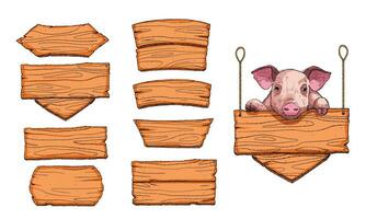 Store sign boards and Isolated piglet on top of butchery wooden board signage vector