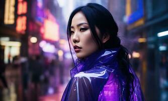 AI generated beautiful asian woman in purple raincoat walking in the city. ai generative photo