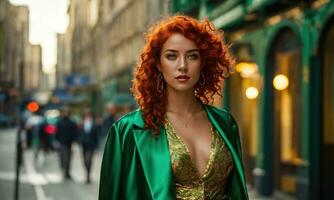 ai generado hermosa joven mujer con rojo Rizado pelo en un verde vestir en el ciudad a noche. ai generativo foto