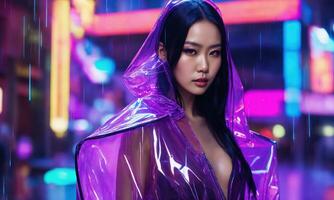 AI generated beautiful asian woman in purple raincoat walking in the city. ai generative photo
