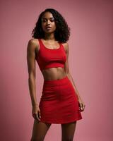 AI generated Beautiful young brunette woman in a red sports top and leggings posing. ai generative photo