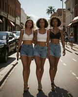 AI generated Group of young beautiful african american women in jeans shorts walking in the city. ai generative photo