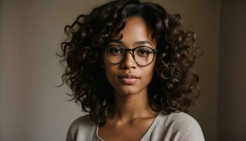 AI generated Portrait of a beautiful young african american woman in eyeglasses outdoors. ai generative photo