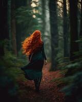 AI generated Beautiful redhead girl with long curly hair in a dark forest. ai generative photo