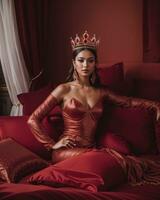 AI generated fashion interior photo of beautiful sensual woman with dark hair in luxurious dress and crown posing in bed. ai generative. ai generative