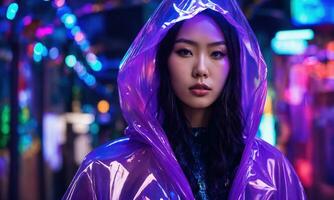 AI generated beautiful asian woman in purple raincoat walking in the city. ai generative photo