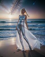 AI generated Beautiful blonde woman in white dress on the beach at night. ai generative photo
