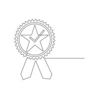 Vector award badge with tick in one continuous line drawing concept of Premium quality product.