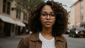 AI generated Portrait of a beautiful young african american woman in eyeglasses outdoors. ai generative photo
