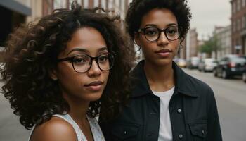 AI generated Portrait of a beautiful young african american woman in eyeglasses outdoors. ai generative photo