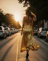 ai generado hermosa joven mujer en un largo amarillo vestir caminando en el calle a puesta de sol. ai generativo foto
