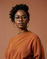 AI generated Beautiful african american woman with curly hairstyle and glasses. ai generative photo