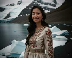 AI generated Portrait of a young woman smiling at camera in front of icebergs. ai generative photo