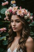 ai generado hermosa joven mujer con flores en pelo mirando a cámara aislado en gris. ai generativo foto