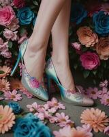 ai generado Boda Zapatos con alto tacones en un antecedentes de flores ai generativo foto