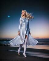 AI generated Beautiful blonde woman in white dress on the beach at night. ai generative photo