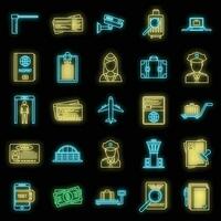 Security passport control icons set vector neon