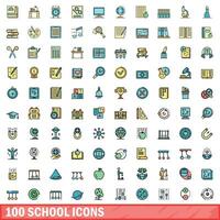 100 school icons set, color line style vector