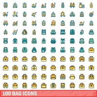 100 bag icons set, color line style vector