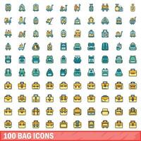 100 bag icons set, color line style vector