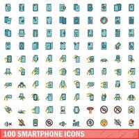 100 smartphone icons set, color line style vector