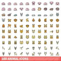 100 animal icons set, color line style vector