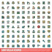 100 villa icons set, color line style vector