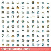 100 technology icons set, color line style vector