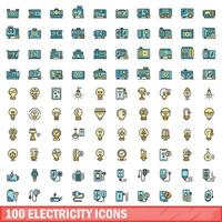 100 electricity icons set, color line style vector