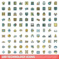 100 technology icons set, color line style vector