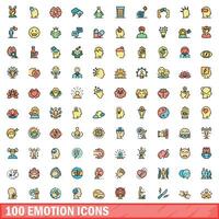 100 emotion icons set, color line style vector