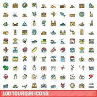 100 tourism icons set, color line style vector